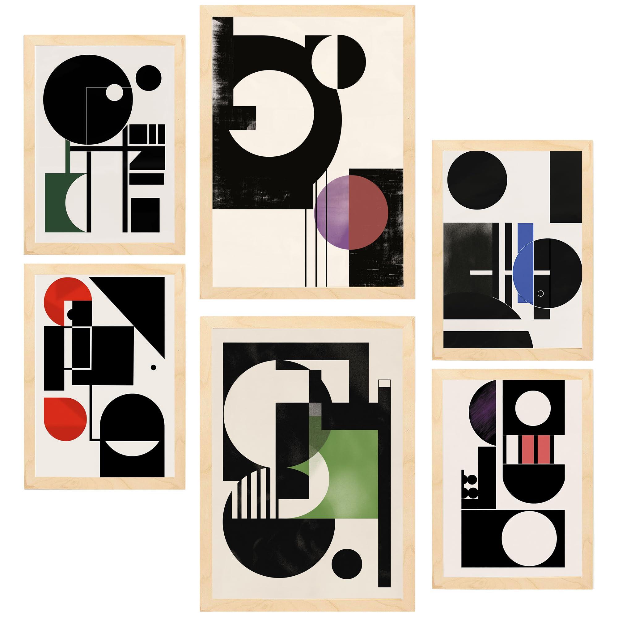 POSTER Set Mit 6 Bauhaus Lila Grün Blau A3 & A4 Rahmen Aus Hellem Holz - Beige, Papier (29/3cm) - Nacnic