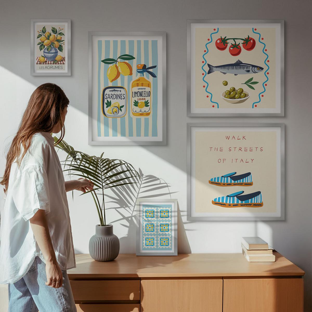 BILDER SET 5er Set - 50x50 cm & 20x30 cm & 40x60 cm Silberner Rahmen - Italienische Aromen, farbenfrohe Bilder - Silberfarben, Kunststoff (40/60cm) - TULUP