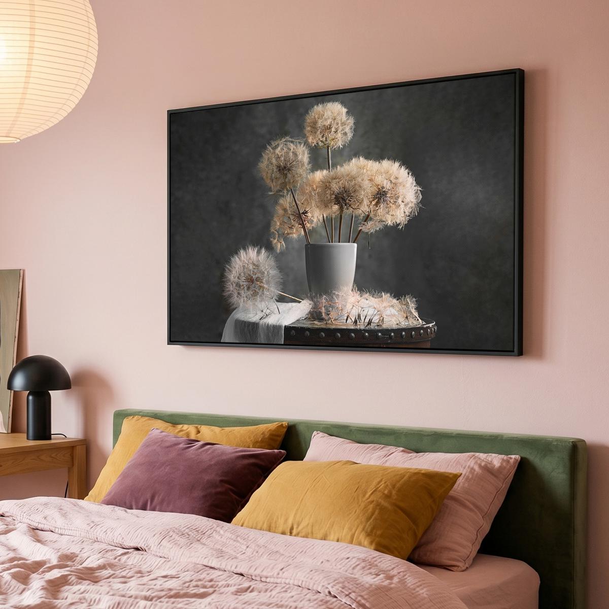 LEINWAND Bilder mit Rahmen - Blumensamen - Löwenzahn - Vase - Stilleben - Blumenstrauß - 140x90 - Dunkelgrau, Textil (140/90cm) - MuchoWow