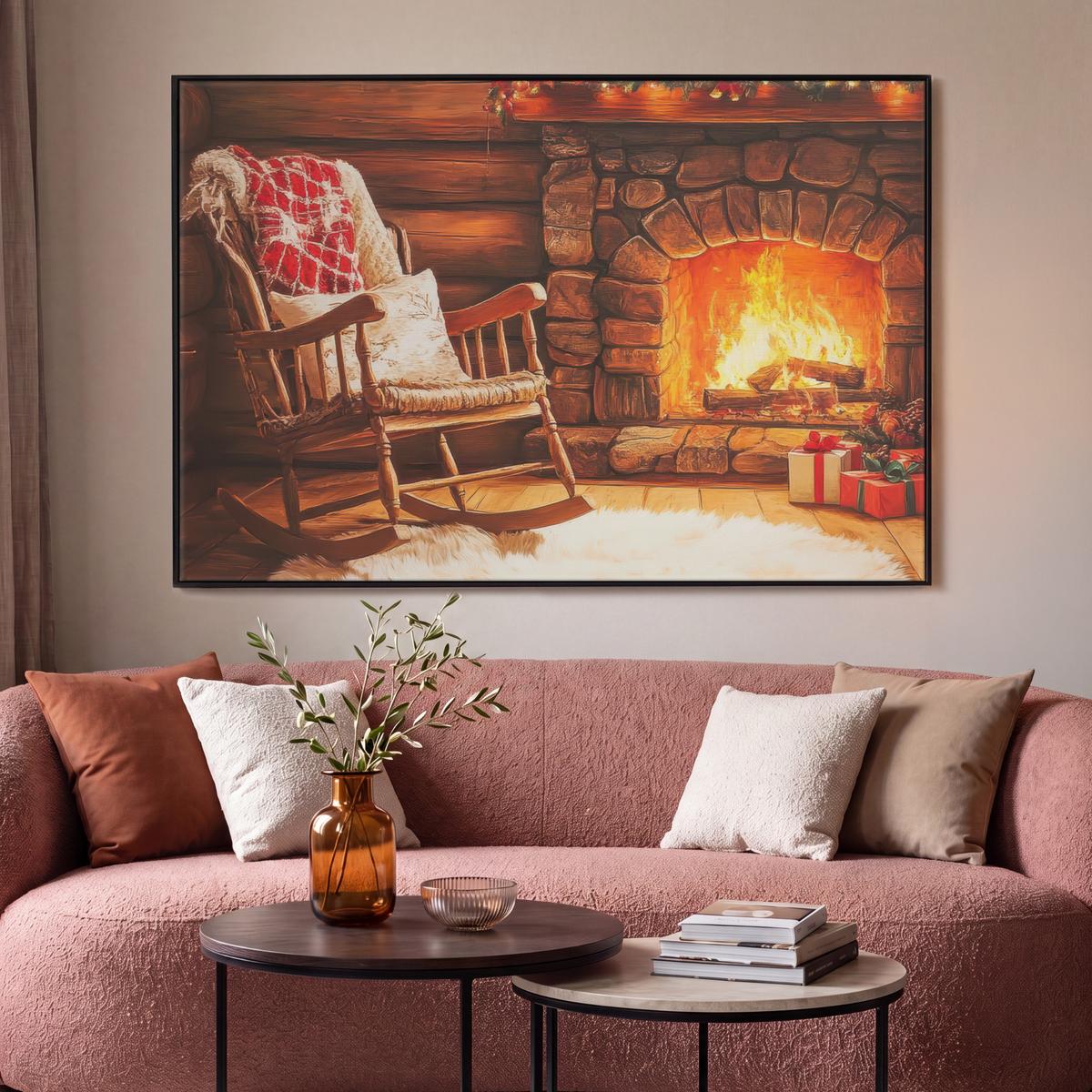 LEINWAND Bilder mit Rahmen - Winter - Weihnachten - Zuhause - Kamin - 140x90 - Bernsteinfarben, Textil (140/90cm) - MuchoWow