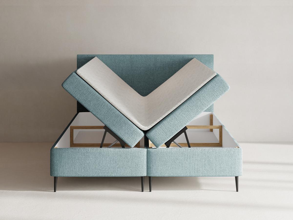 BOXBETT Alba Rise mit Bettkasten, Türkis Chenille 180x200 cm – inkl. H4 Taschenfederkern Matratze & Foam Topper - Türkis/Schwarz, Holz/Textil (180/200cm) - WFL GROUP