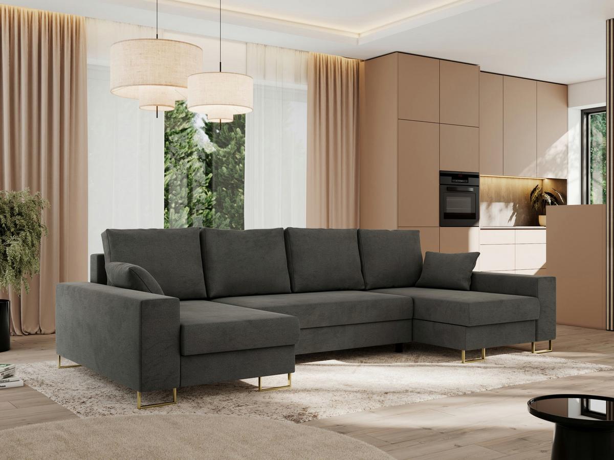 WOHNLANDSCHAFT DORIAN U Velvet Dunkelgrau - Dunkelgrau/Goldfarben, Textil/Metall (312/85/138cm) - MKS