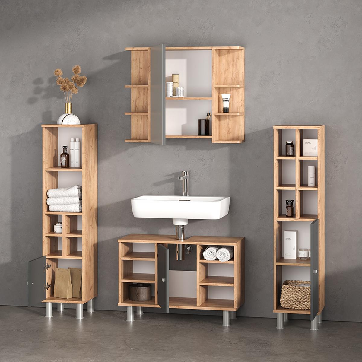 BADMÖBEL-SET Fucino Goldkraft Eiche 4 Teile, mit Midischränke - Honigeiche, Holzwerkstoff (80/54/32cm) - Livinity®