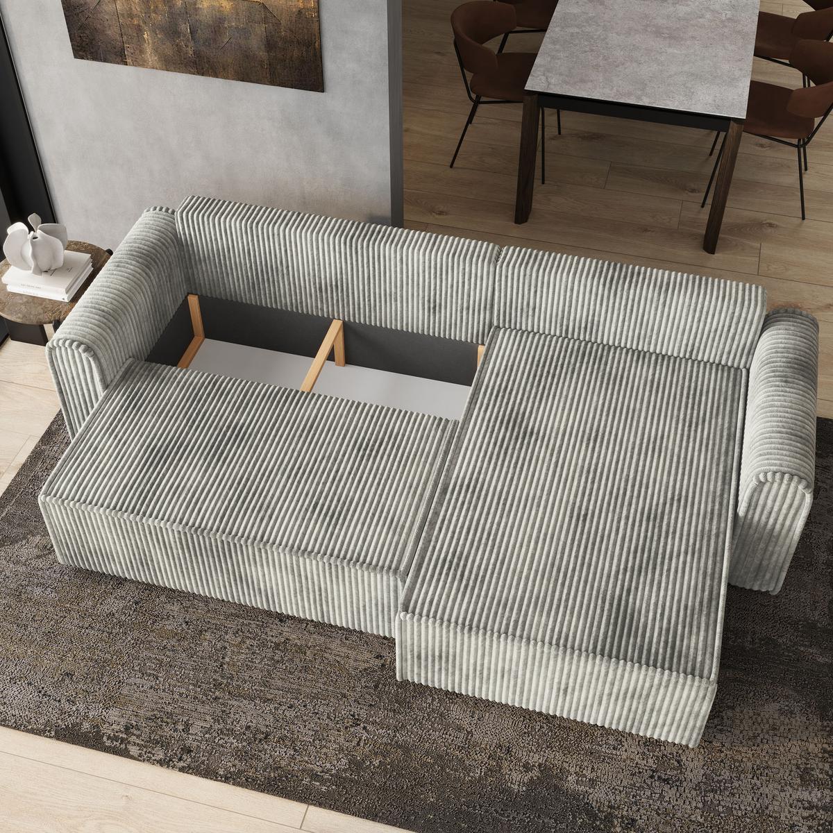 ECKSOFA VALTINO Hellgrau Kordstoff mit Schlaffunktion - Hellgrau, Holz (275/148cm) - MASSENO