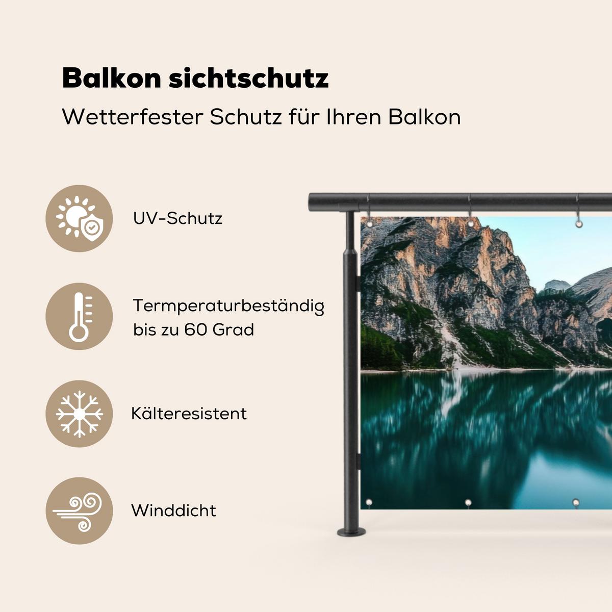 BALKON-SICHTSCHUTZ See - Berge - Sonnenuntergang - Boot Windschutz 300x90 cm - Petrol, Kunststoff (300/90cm) - MuchoWow