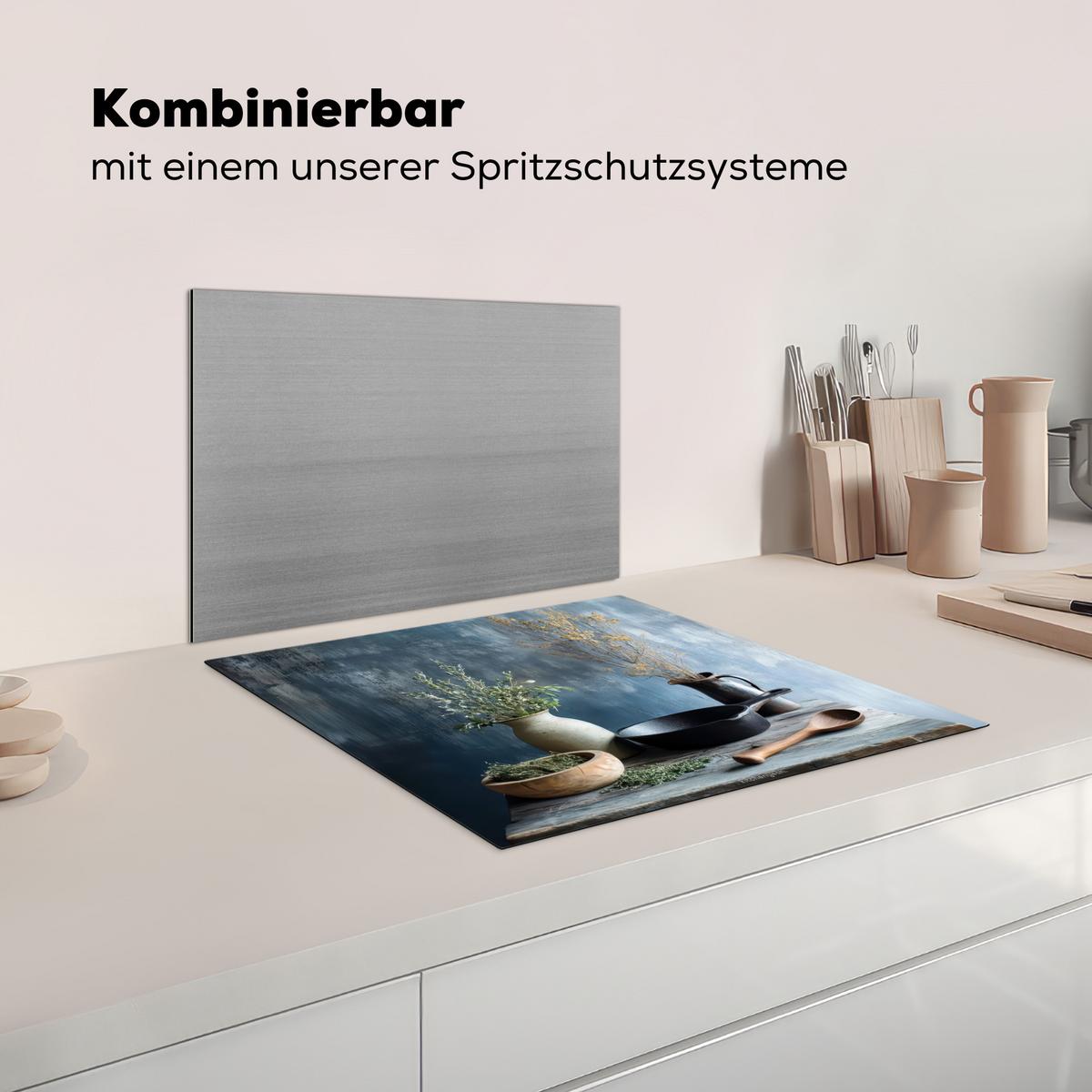 HERDABDECKPLATTE Stilleben - Kräuter - Rustikal Abdeckung Ceranfeld 59x51 cm - Blaugrau, Kunststoff (59/51/0.2cm) - MuchoWow