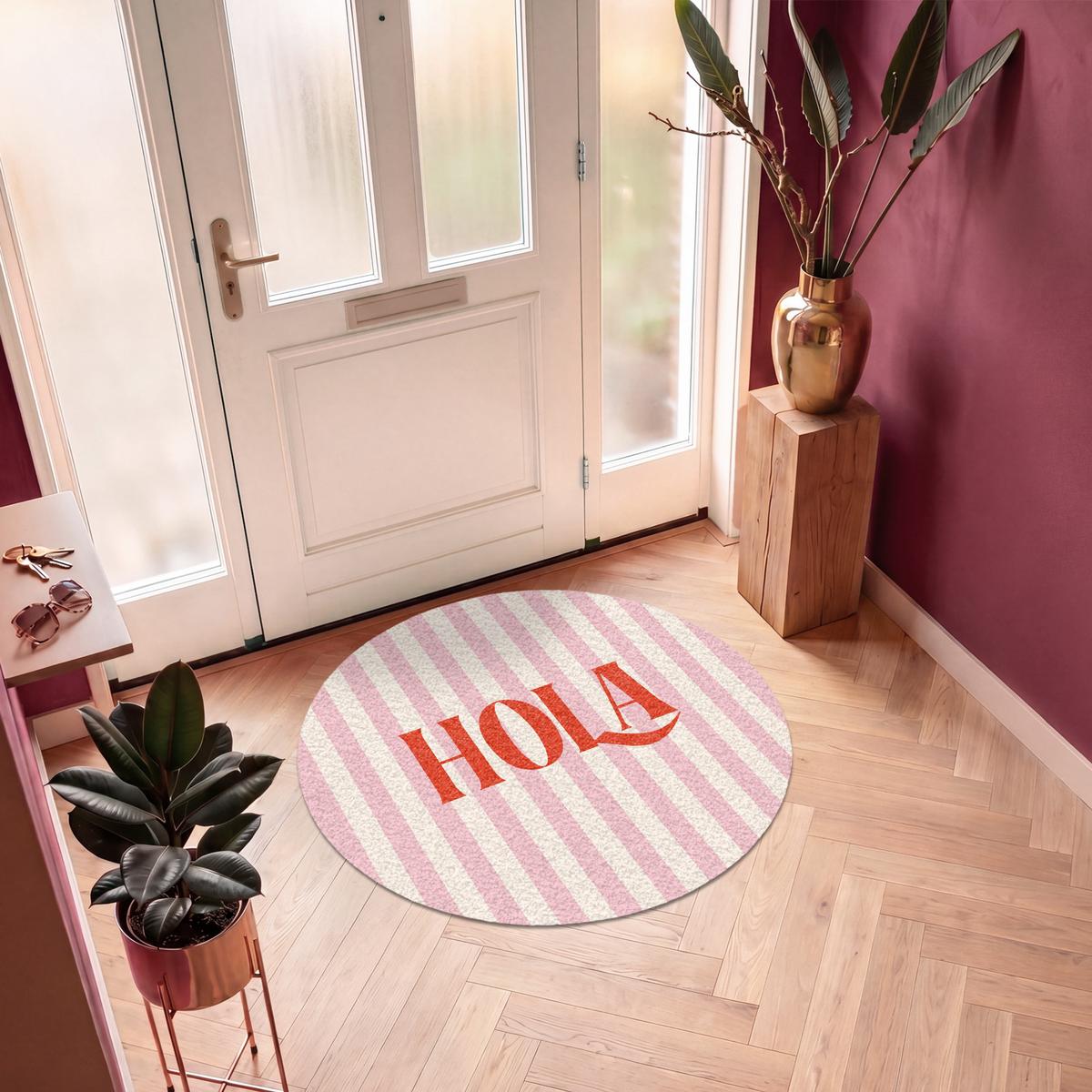 FUSSMATTE Hola - Zitat - Streifen - Pastell - Rosa - Rot - Weiß Schmutzfangmatte 120x120 cm - Rosa, Kunststoff (120/0.4cm) - MuchoWow