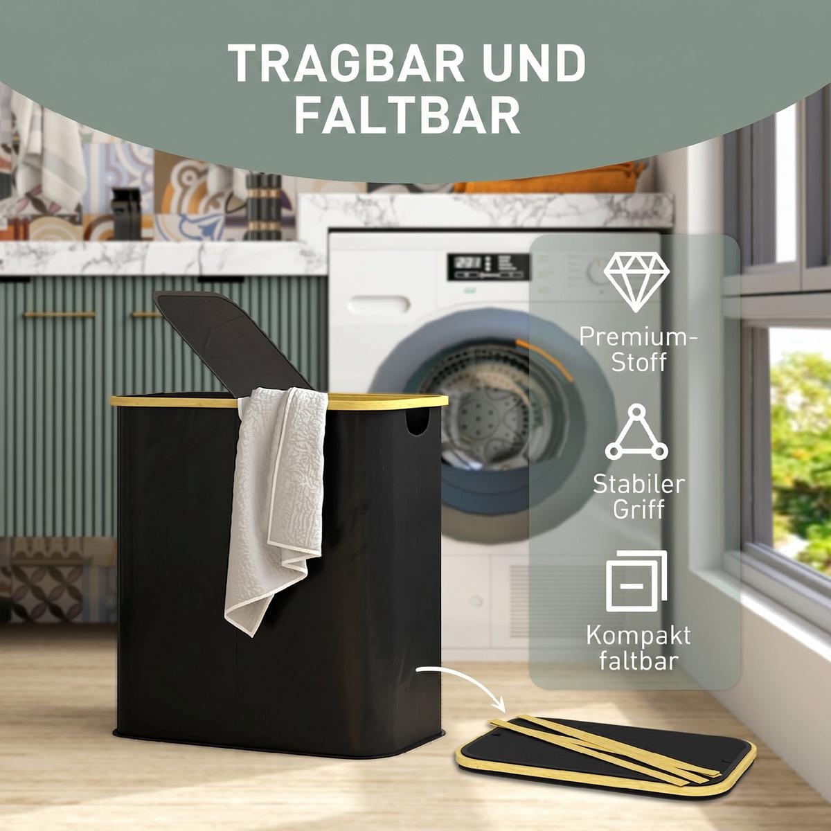 WÄSCHESORTIERER Bambus Vliesstoff Schwarz - Schwarz, Textil (34/58.5/54cm) - HOMCOM