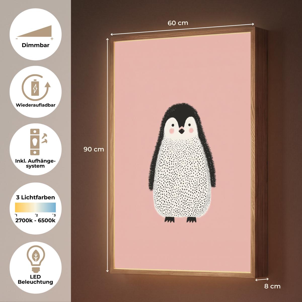 NACHTTISCHLAMPE MIT AKKU Pinguin - Punkte - Minimalistisch - Rosa 60x90 cm - Rosa, Holzwerkstoff (8/60/90cm) - OnlyWow
