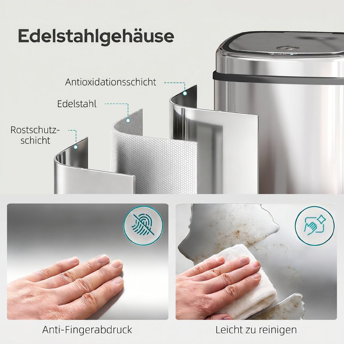 AUTOMATIK Mülleimer Abfalleimer mit Sensor Küche Edelstahl viereckig 68L - Silberfarben, Metall (29.5/78/40.5cm) - HOMCOM