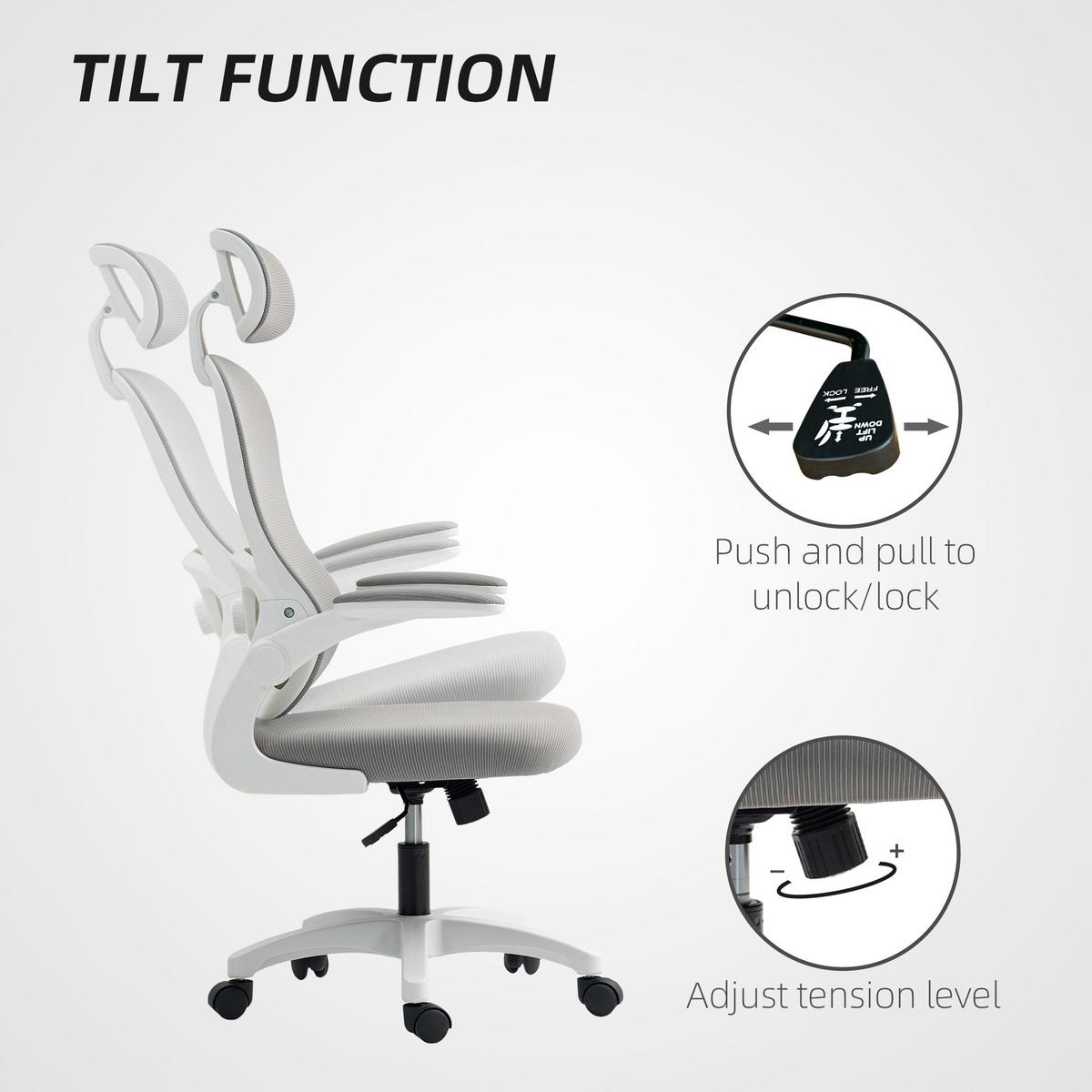 BÜROSTUHL Ergonomischer Schreibtischstuhl mit Hochklappbaren Armlehnen Grau - Weiß/Grau, Kunststoff/Textil (62/115/64cm) - HOMCOM