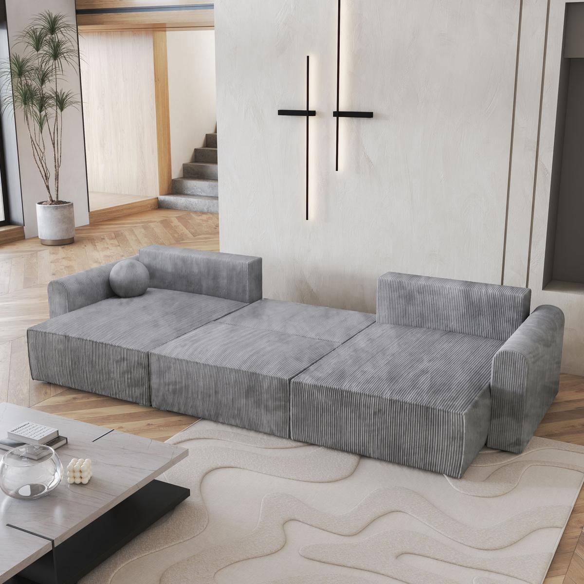 WOHNLANDSCHAFT FENTO P Hellgrau Kordstoff mit Schlaffunktion - Hellgrau/Grau, Holz/Kunststoff (347/90/148cm) - MASSENO