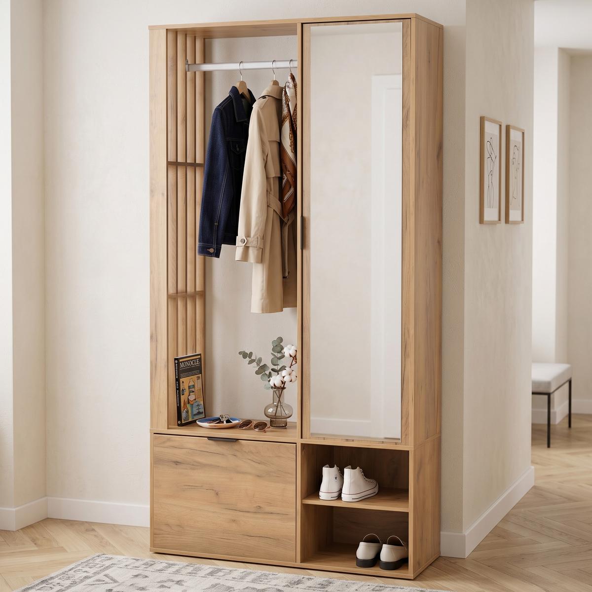 KLEIDERSCHRANK 6-in-1 mit Spiegel, & Wäscheständer Holzfarbe - Naturfarben, Holzwerkstoff (100/190/33cm) - Urban Meuble