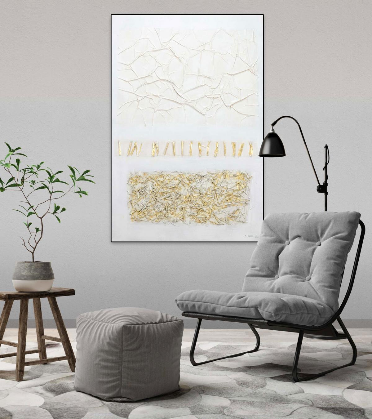 ACRYLBILD HANDGEMALT 80/120 cm - Goldfarben/Weiß, Holz/Textil (80/120cm) - KUNSTLOFT