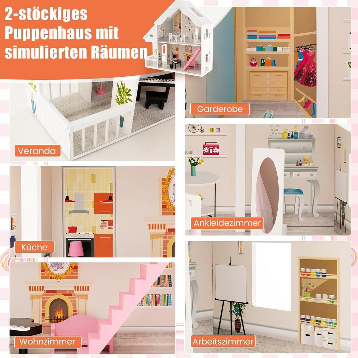 PUPPENHAUS 86cm Weiß - Weiß, Holz (81/86/30cm) - COSTWAY