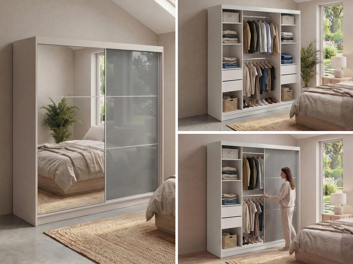 SCHWEBETÜRENSCHRANK mit Spiegel und Schubladen - WALENCJA - 200 - Kaschmir-Grau lacobel - Kaschmir/Alufarben, Holzwerkstoff/Metall (200/216/61cm) - MKS