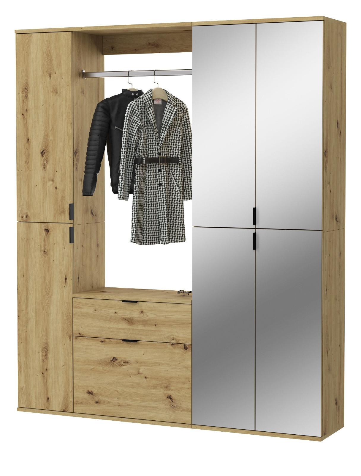 GARDEROBEN-SET Eiche Artisan 152 cm, Komplettset mit Spiegel - Schwarz/Eiche Artisan, Glas/Holzwerkstoff (152/193/34cm) - Inn.Furn