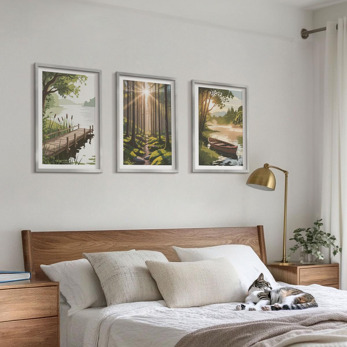 BILDER SET 3er Set - 40x60 cm Silberner Rahmen - Landschaft aus Wald, See und Boot - Silberfarben, Kunststoff (40/60cm) - TULUP