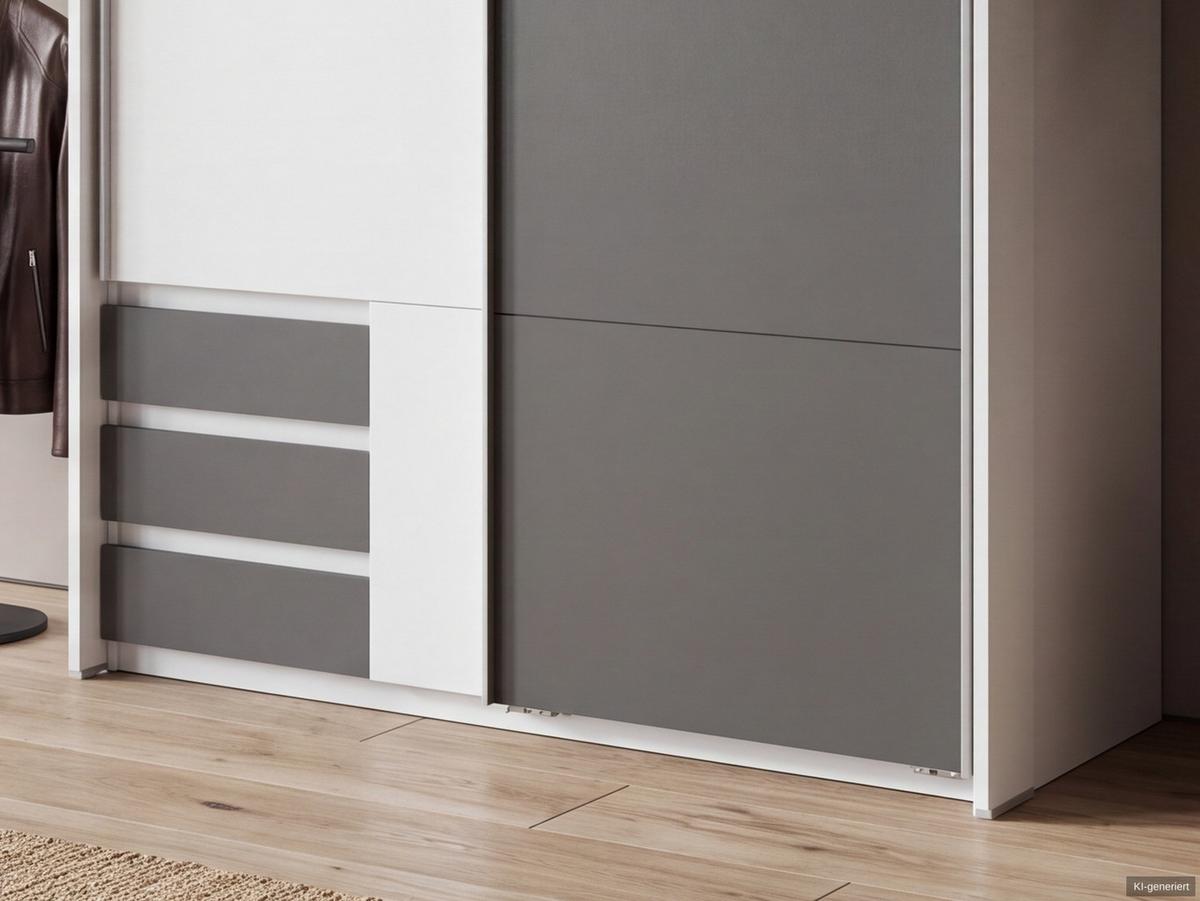 SCHWEBETÜRENSCHRANK 2-türig B138/H200/T65 cm, Passepartout-Kleiderschrank in Weiß, 1x Tür & sichtbare Schubkästen in Grafit / 22668 - Graphitfarben/Alufarben, Holz/Holzwerkstoff (138/200/65cm) - luma-home