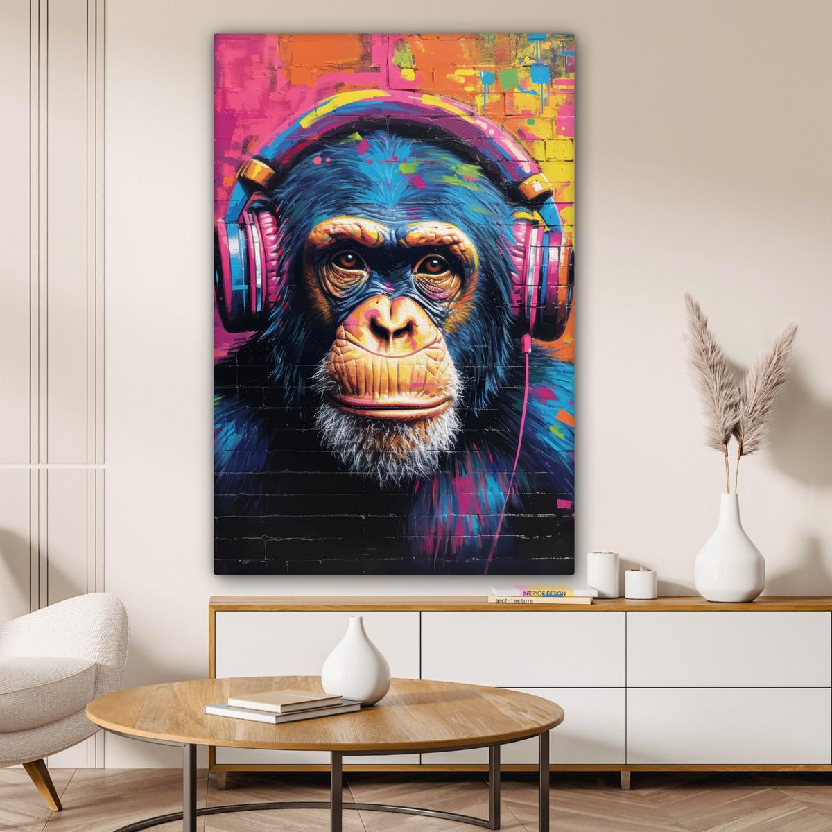 LEINWANDBILD Graffiti - Schimpanse - Straßenkunst - Kopfhörer - Affe Deko XXL 80x120 cm - Blau, Textil (80/120cm) - MuchoWow