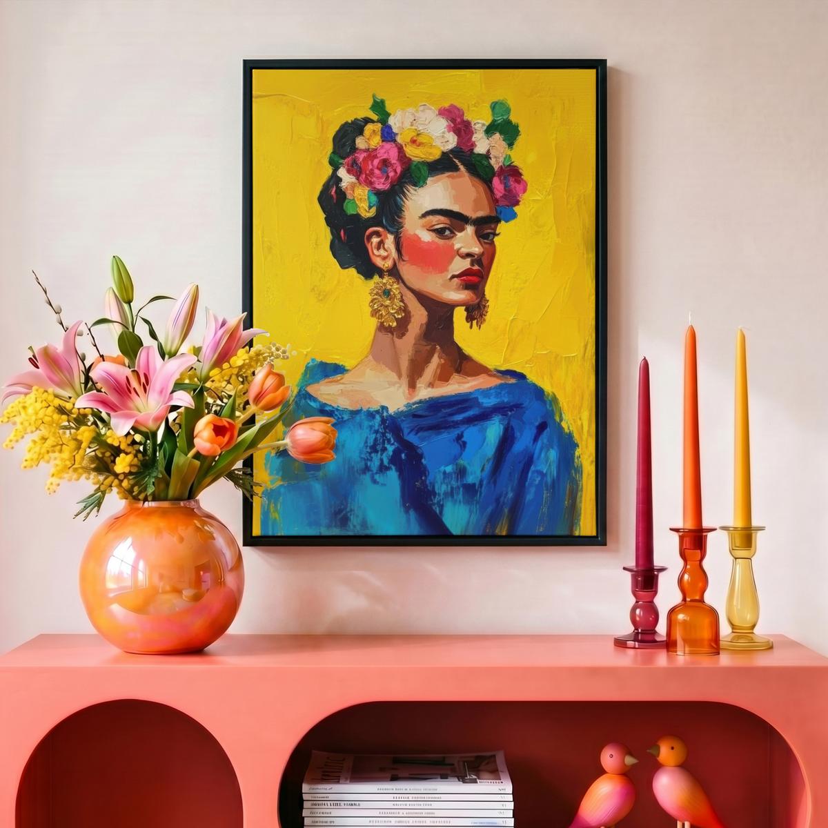 LEINWAND Bilder mit Rahmen - Frida Kahlo - Frau - Gelb - Blau - Blumen - 30x40 - Gelb, Textil (30/40cm) - MuchoWow