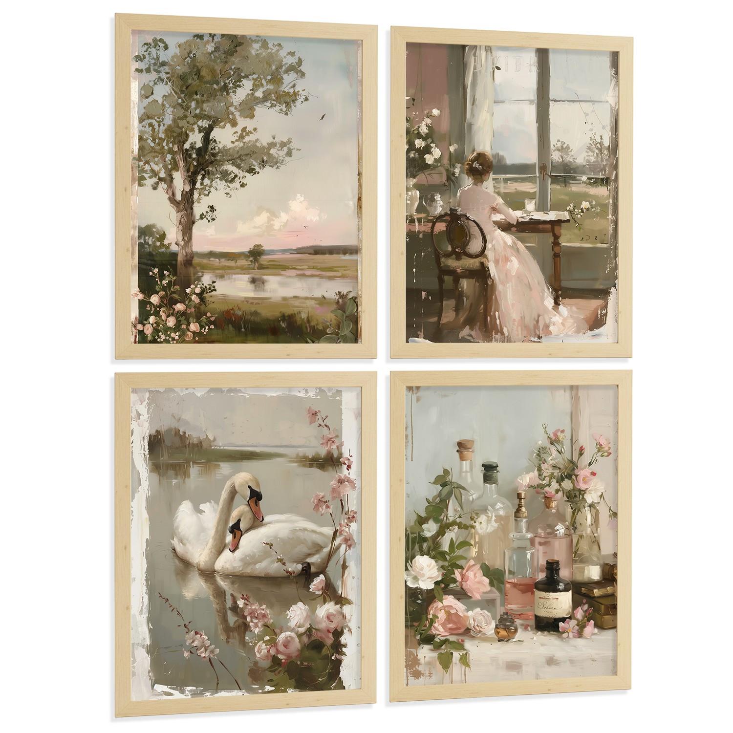 POSTER 4er Bilder-Set Wandbilder Rosen Ölmalerei modern Wohnzimmer Deko, Schlafzimmer, Küche, Badezimmer Leichter Holzrahmen A3 - Beige, Papier (29.7/1/42cm) - Nacnic