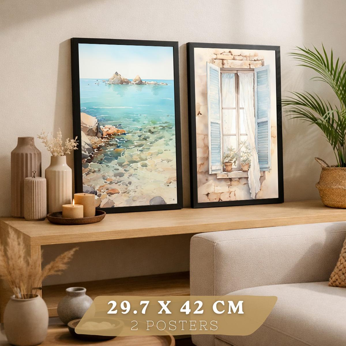 POSTER 3er Bilder-Set Wandbilder Meer Relax modern ohne Rahmen – Wohnzimmer Deko, Schlafzimmer, Küche, Badezimmer Schwarzer Rahmen A4 - Schwarz, Papier (29.7/1/21cm) - Nacnic