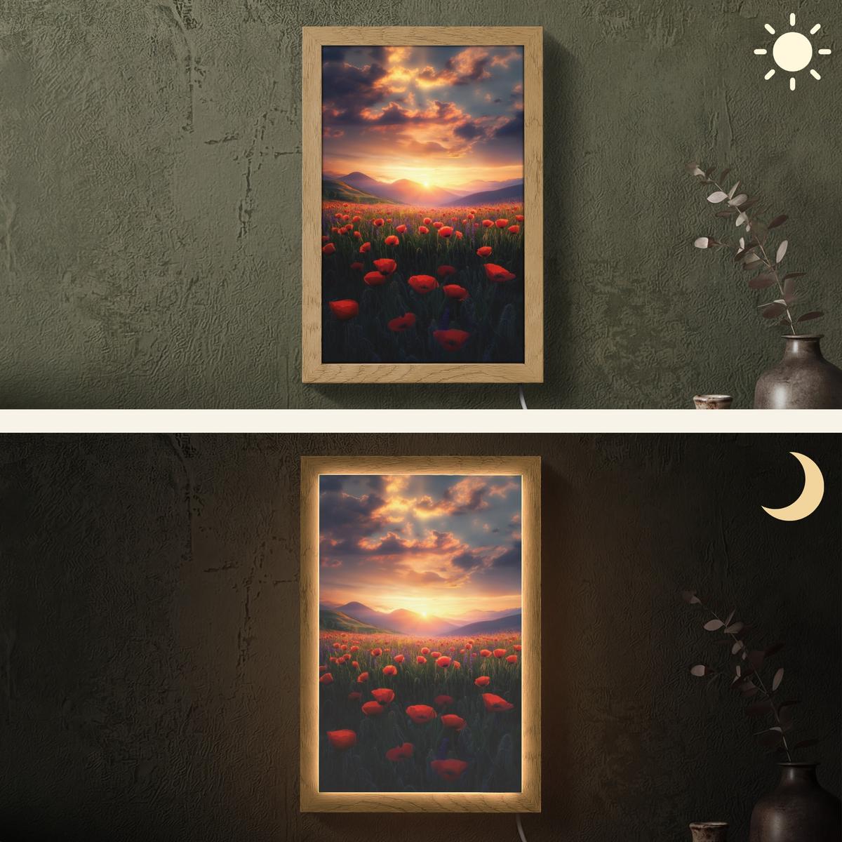 WANDLEUCHTE Landschaft - Sonnenuntergang - Blumenfeld 20x30 cm - Rot, Holzwerkstoff (20/30/8cm) - OnlyWow