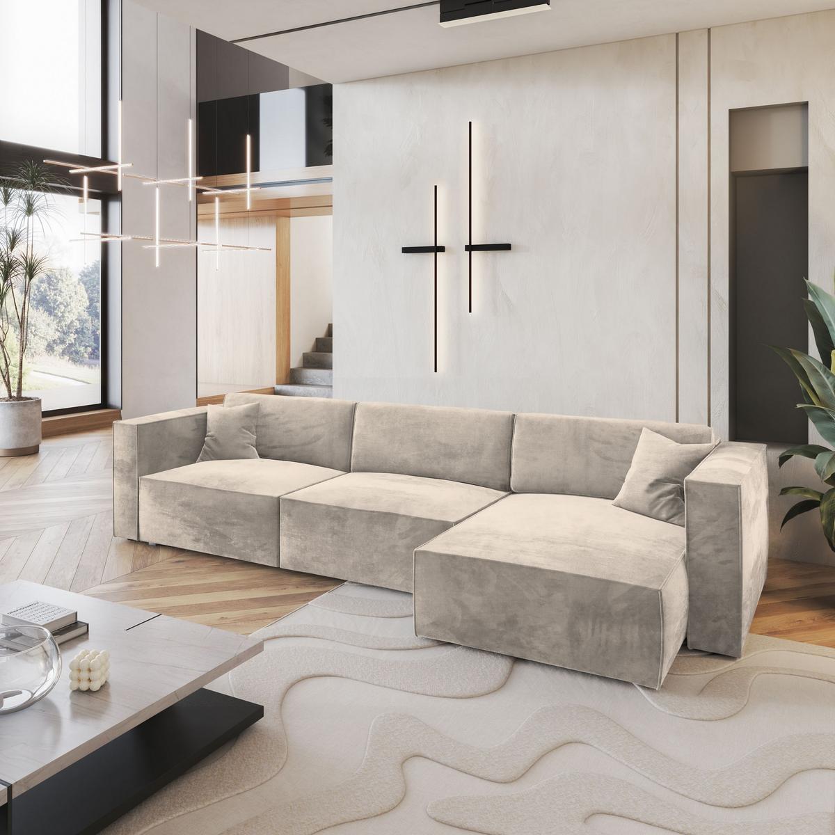 ECKSOFA TOLMO M Creme Velours-Stoff mit Schlaffunktion - Creme/Grau, Holz/Kunststoff (347/148cm) - MASSENO
