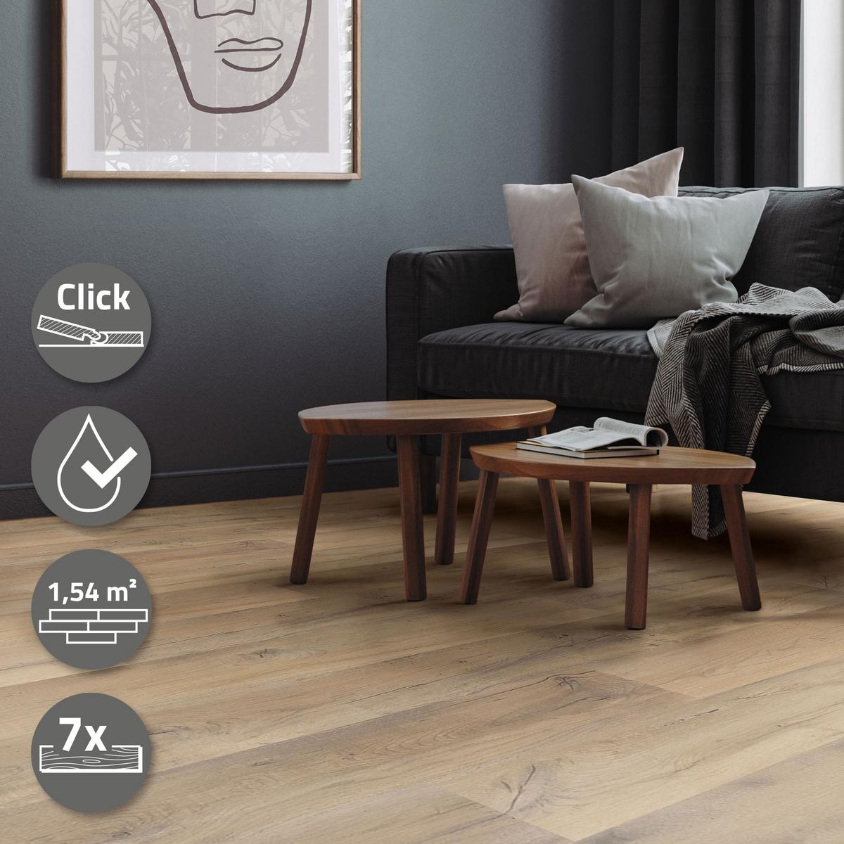 VINYLBODEN Klick 1,54m²/7 Dielen PVC Bodenbelag Eiche Rustikal Hell Holzoptik - Eichefarben, Kunststoff (122/18/0.42cm) - ML-DESIGN