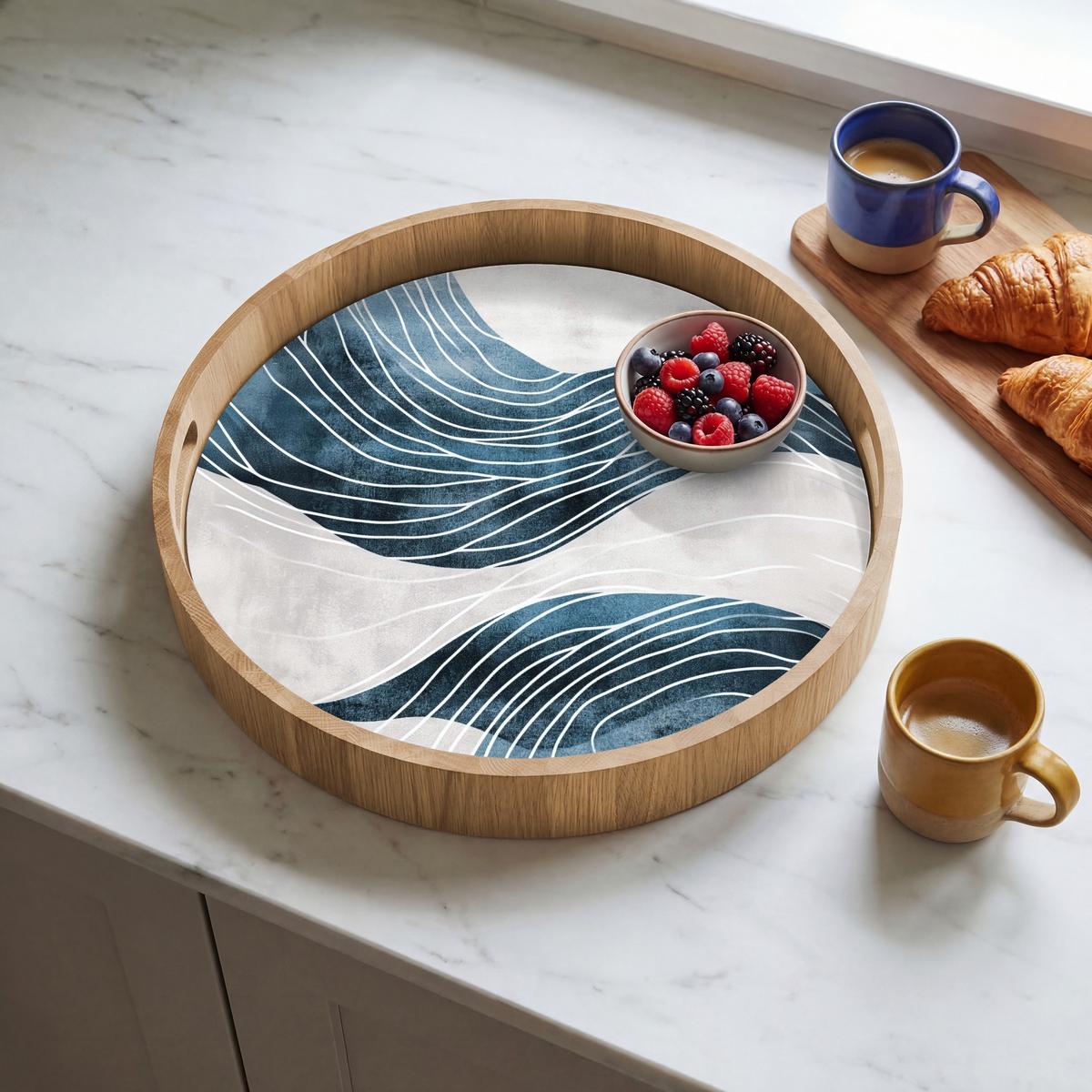 TABLETT Linien - Wellen - Abstrakt - Grau 40x40 cm - Blau, Holz (40/5/5cm) - OnlyWow