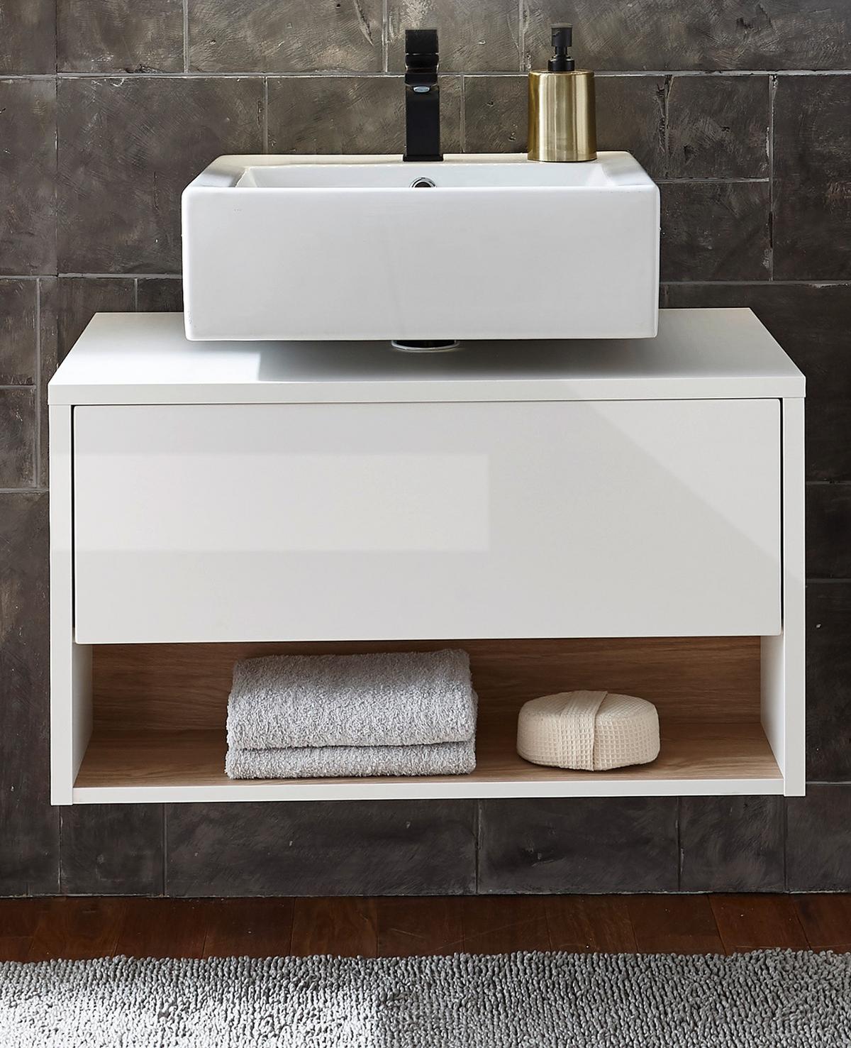 WASCHBECKENUNTERSCHRANK weiß Hochglanz, Eiche 80 cm, Bad Unterschrank mit Push-to-Open - Weiß Hochglanz, Holzwerkstoff (80/46/46cm) - Furn.Design