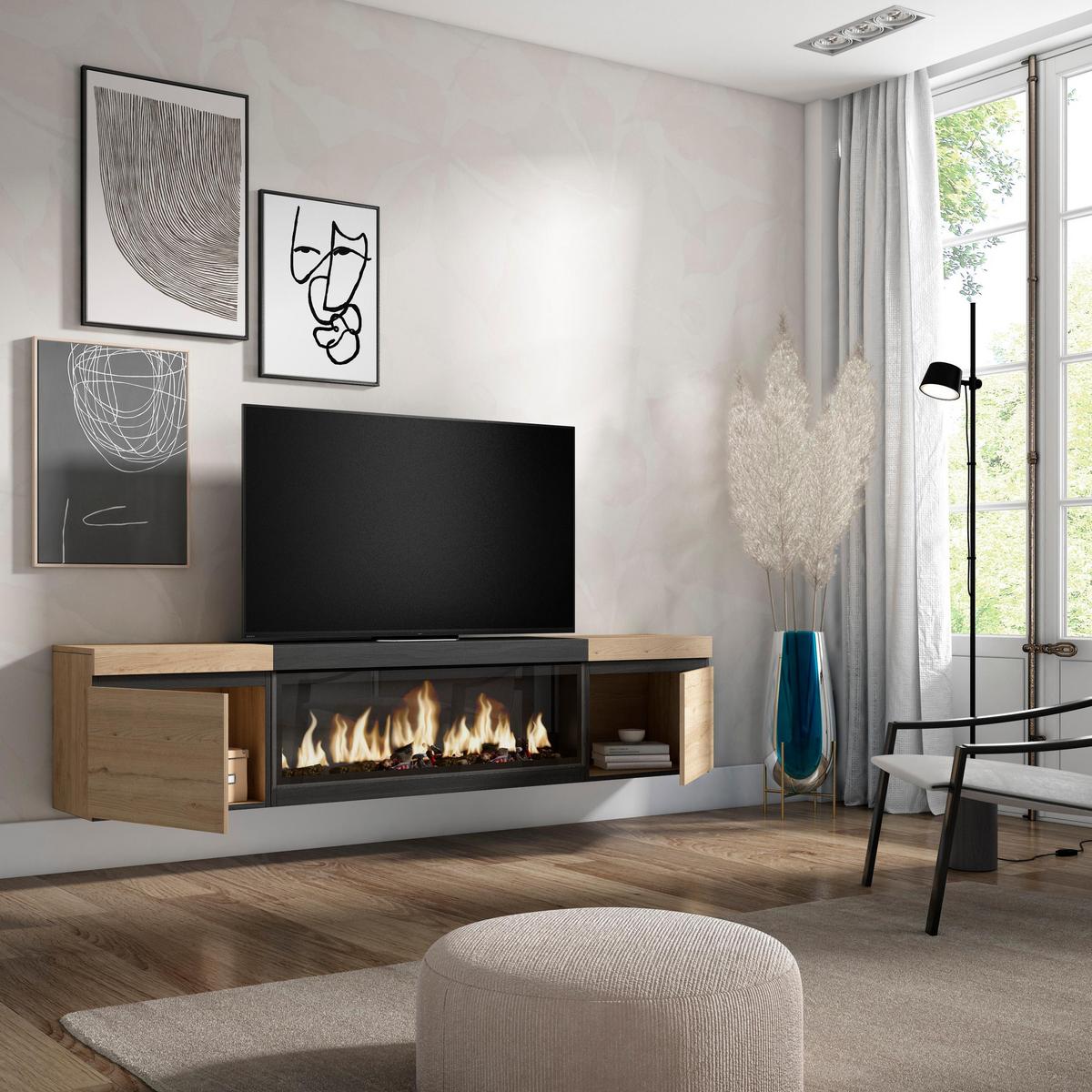 LOWBOARD, Tv-Schrank mit Elektrokamin XXL, Hängend, Eiche, Schwarz, 208/35/45cm - Eichefarben/Multicolor, Holzwerkstoff (208/45/35cm) - Skraut Home