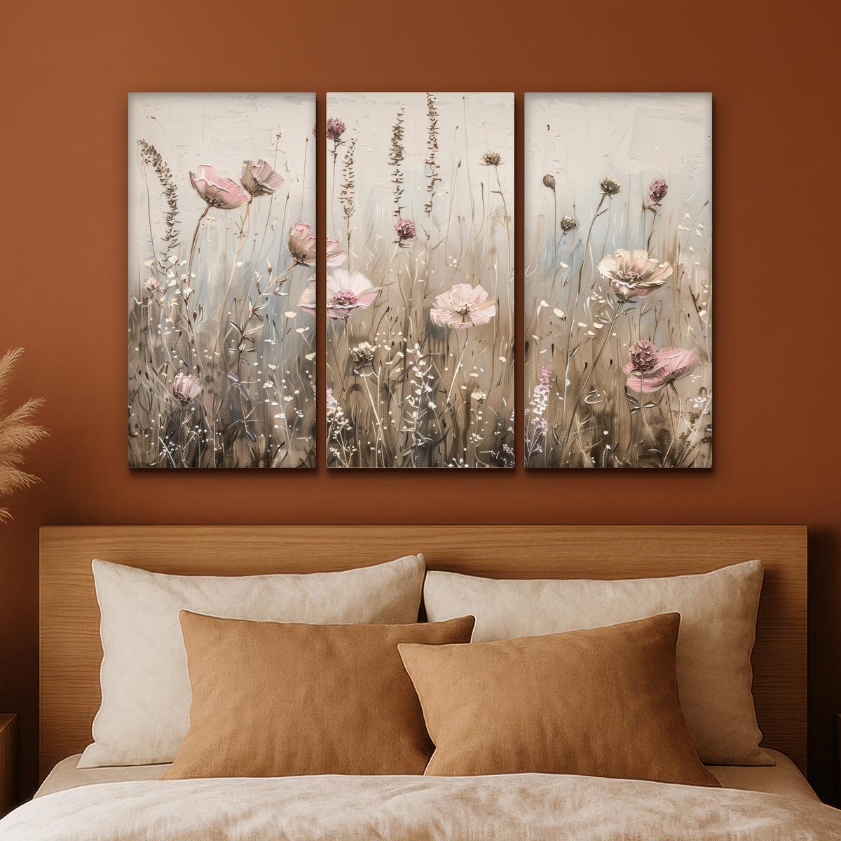 LEINWANDBILD 3er Set Blumen - Beige - Modern - Rosa 120x80 cm - Ecru, Textil (120/80cm) - MuchoWow