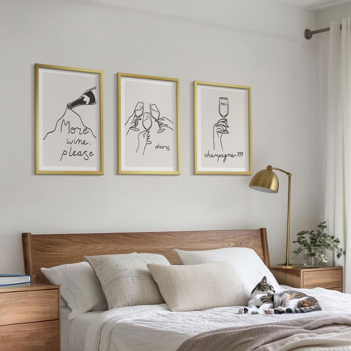 BILDER SET 3er Set - 40x60 cm Goldrahmen - Champagner-Wein-Linienzeichnung - Goldfarben, Kunststoff (40/60cm) - TULUP