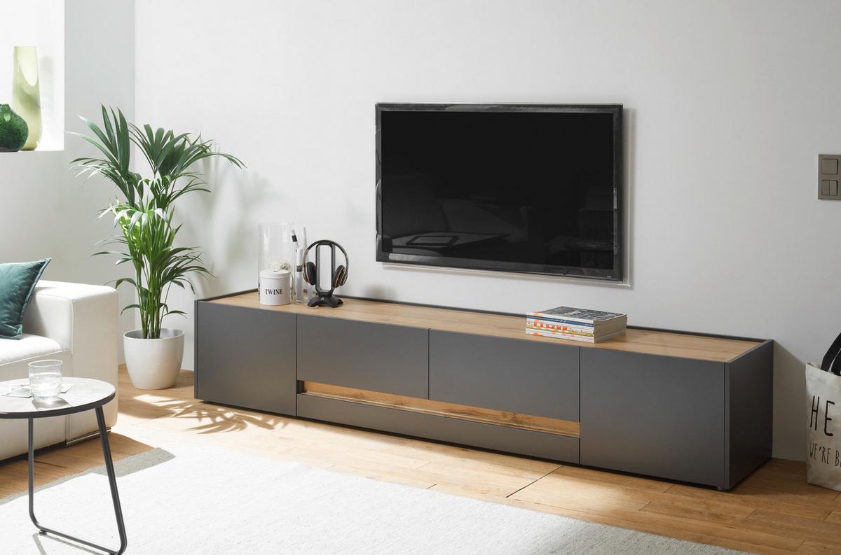 TV-LOWBOARD grau matt, Eiche Wotan 223 cm, großer TV Unterschrank mit viel Stauraum - Eiche Wotan/Schwarz, Holzwerkstoff/Kunststoff (223/40/45cm) - Furn.Design