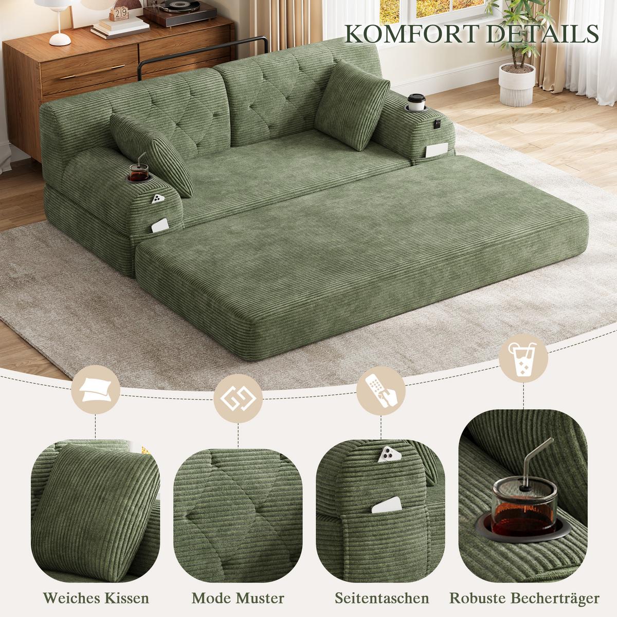 SCHLAFSOFA 2-in-1 Doppelschlafsofa Chenille Ausklappbar - Grün, Textil (168/81/80cm) - Urban Meuble