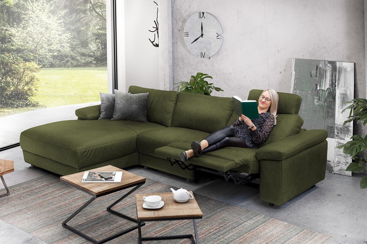 ECKSOFA XL MOTORISCHER RELAXFUNKTION LOLA Dunkelgrün Webstoff Relaxfunktion - Dunkelgrün/Schwarz, Textil (304/178cm) - KAWOLA