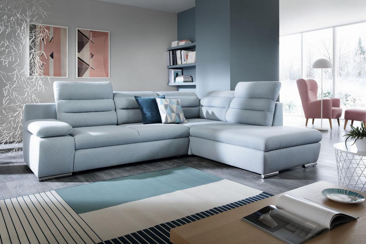 ECKSOFA RISO Blau Velours-Stoff mit Schlaffunktion - Blau, Holz (280/230cm) - MASSENO