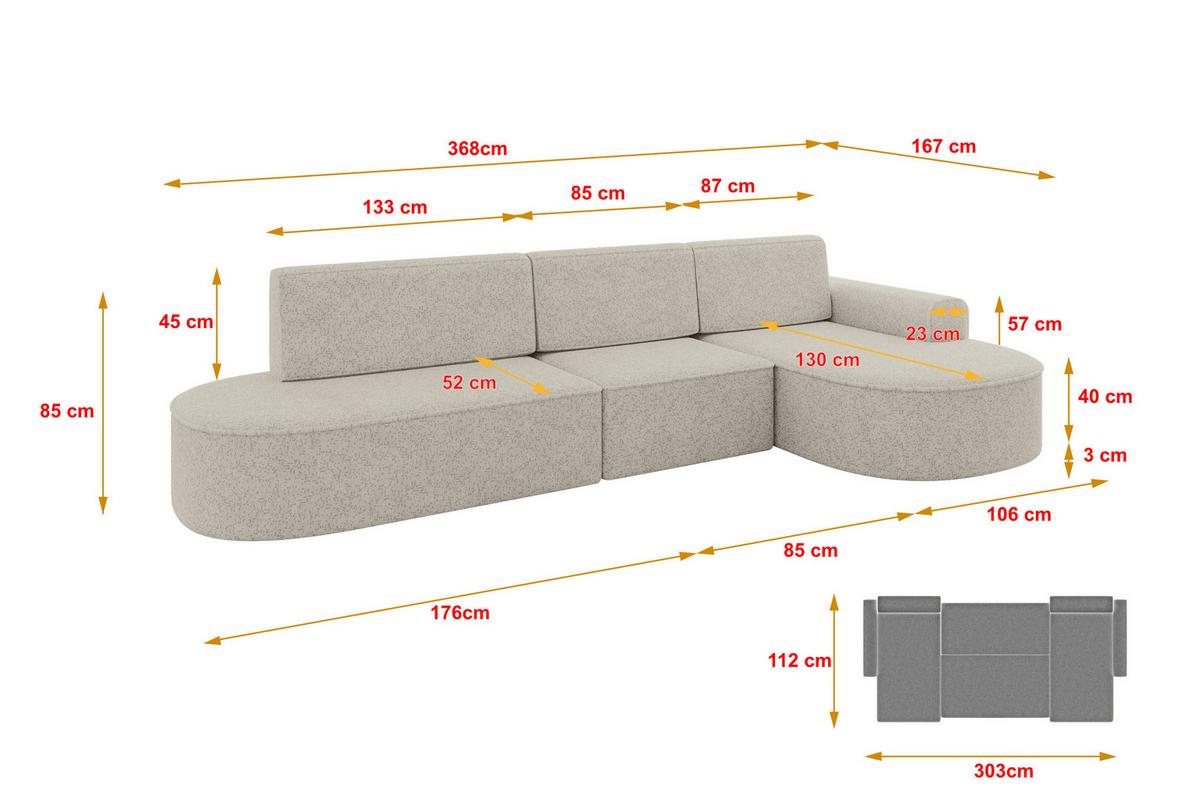 ECKSOFA mit Schlaffunktion Ottomane RECHTS MARI L2-S 368X167X85 Beige Velours - Ecru/Schwarz, Holzwerkstoff/Kunststoff (167/368cm) - ALTDECOR