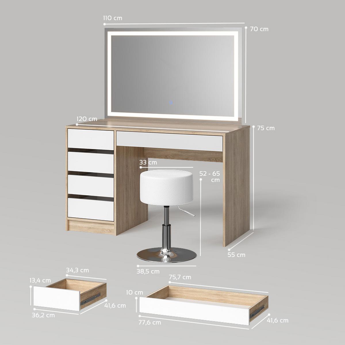 SCHMINKTISCH Imola Weiß/Sonoma mit LED-Spiegel und Hocker - Weiß/Sonoma Eiche, Holzwerkstoff (120/75/55cm) - Livinity®