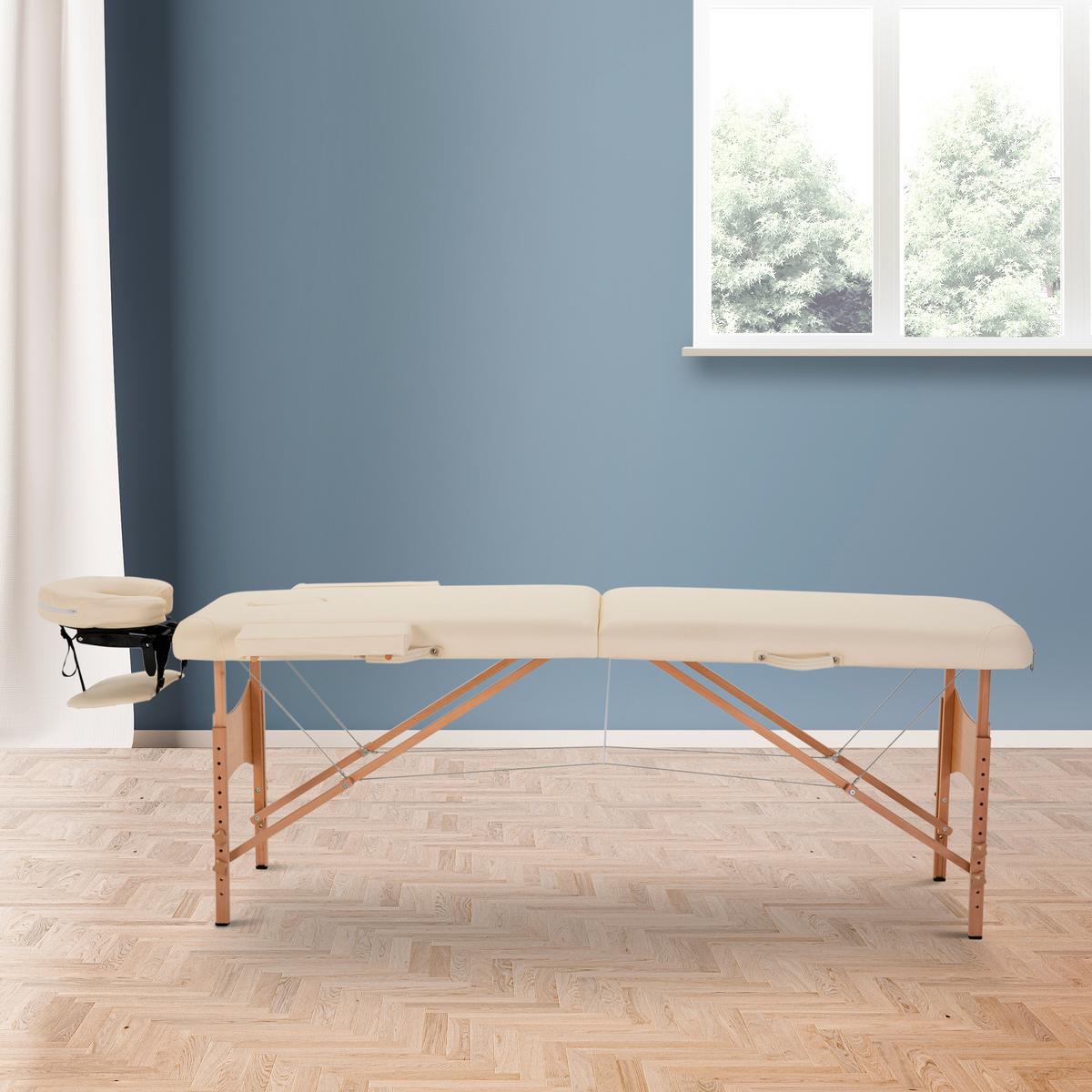 MASSAGETISCH, Massagebett mit Kopfstütze, Kunstleder, Holz, Creme - Weiß, Holzwerkstoff (81/92/210cm) - HOMCOM