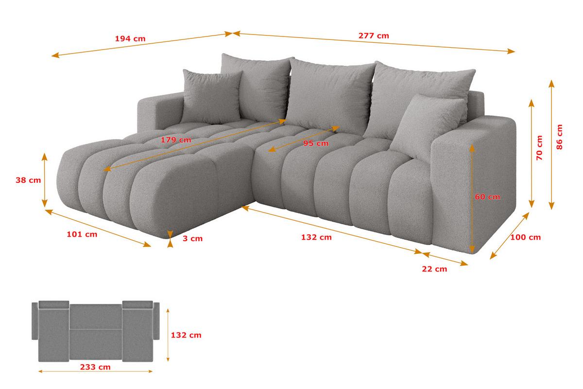 ECKSOFA mit Schlaffunktion Ottomane Links MILA-L-v1 277x195x86 Hellgrau Bouclé - Silberfarben/Hellgrau, Holzwerkstoff/Kunststoff (277/194cm) - ALTDECOR