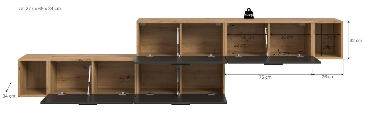 SIDEBOARD grau, Eiche Artisan 277 cm, Kommode mit Soft-Close - Schwarz/Eiche Artisan, Holzwerkstoff/Kunststoff (277/65/34cm) - Inn.Furn