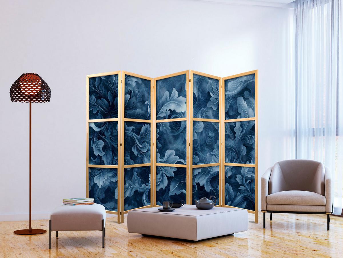 PARAVENT Japanischer 5-tlg 225x172 cm Bl tter Ornamente - Blau, Holz/Textil (225/172/3cm) - Muralo