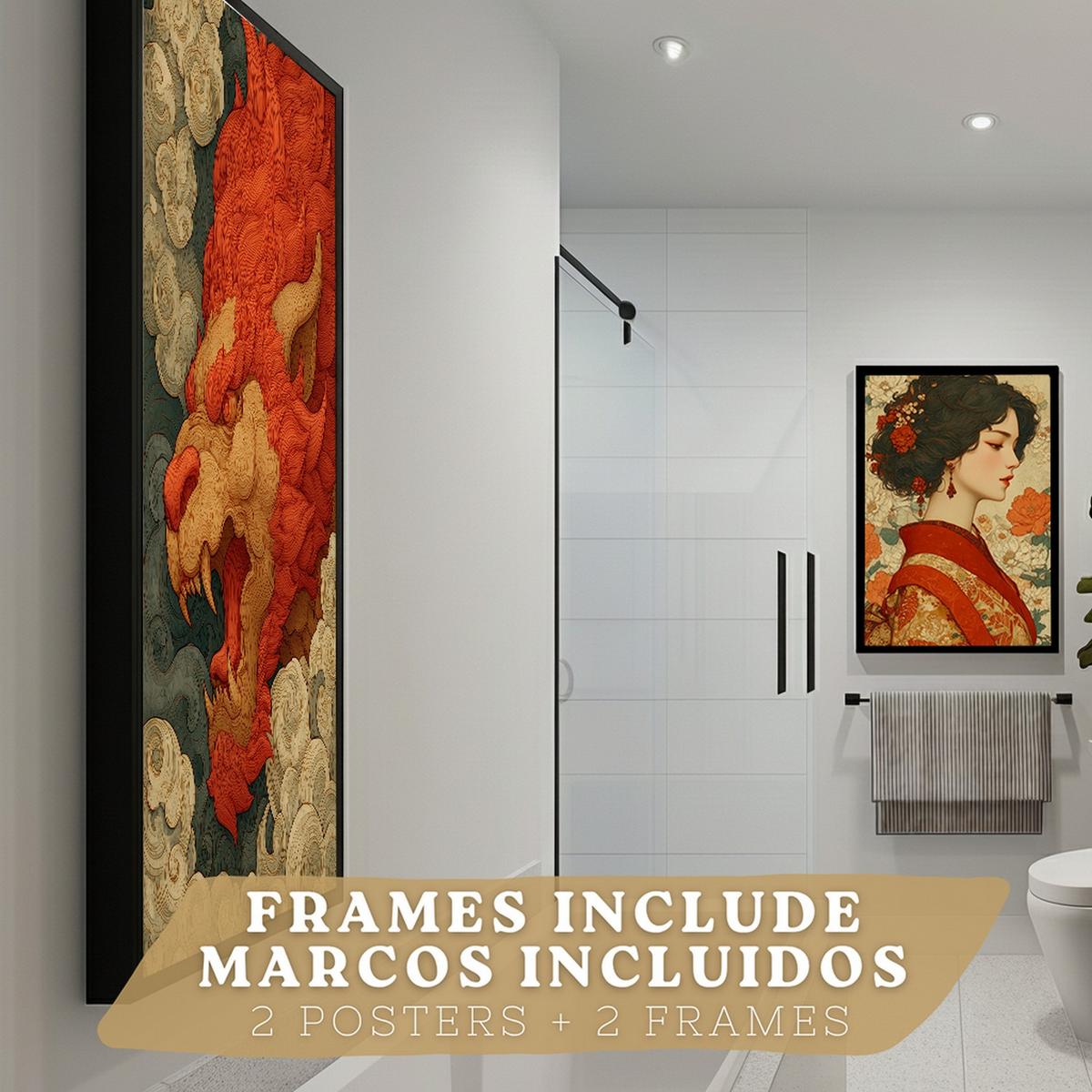 POSTER 2er-Set dekorative Badezimmer-Kunstdrucke, im japanischen Stil für Wand, Toilette mit orientalischem Drachen und Frau Schwarzer Rahmen A3 - Schwarz, Papier (42/29.7/3cm) - Nacnic