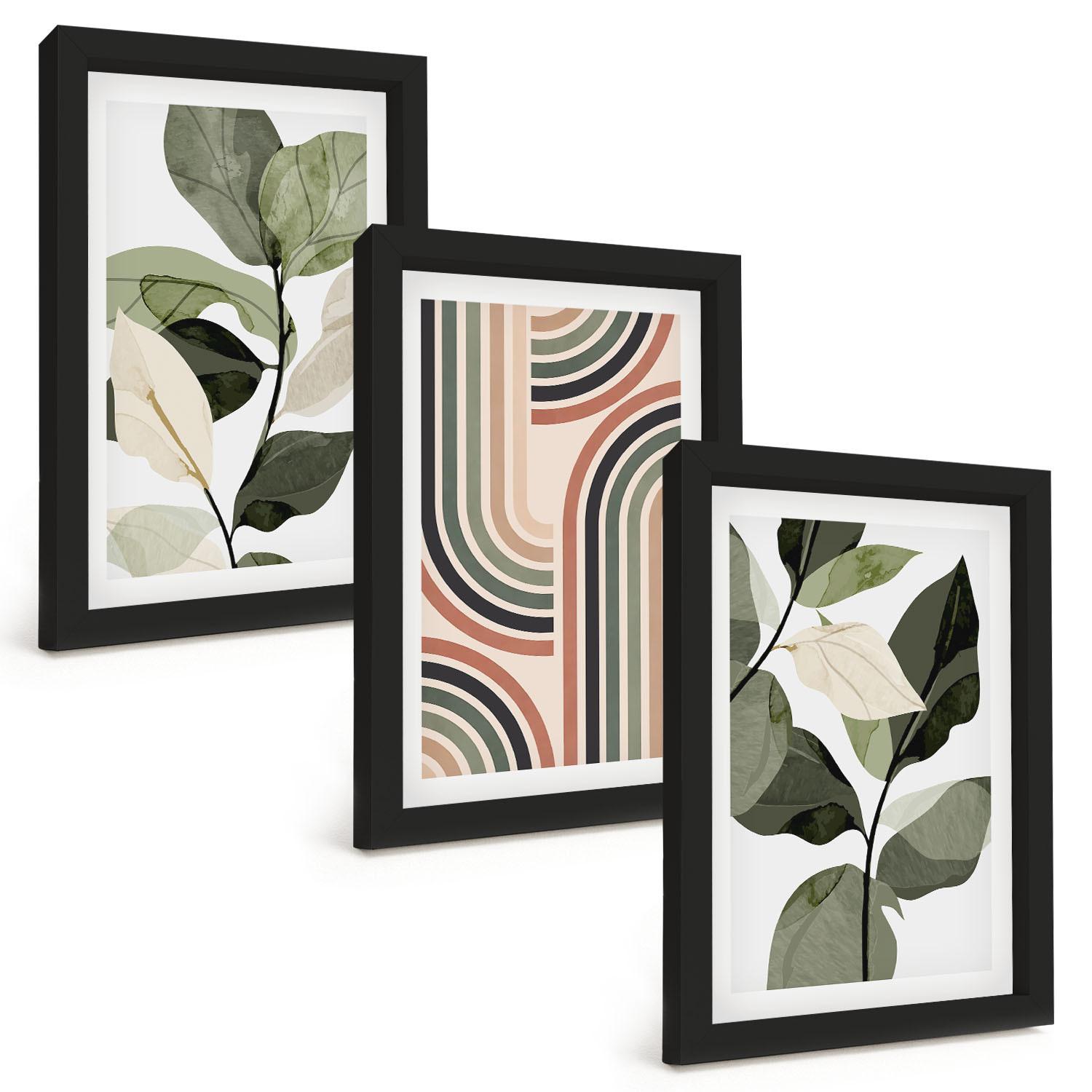 BILDER SET 3er Set - 20x30 cm Schwarzer Rahmen - Geometrische Pflanzenmotive - Schwarz, Kunststoff (20/30cm) - TULUP