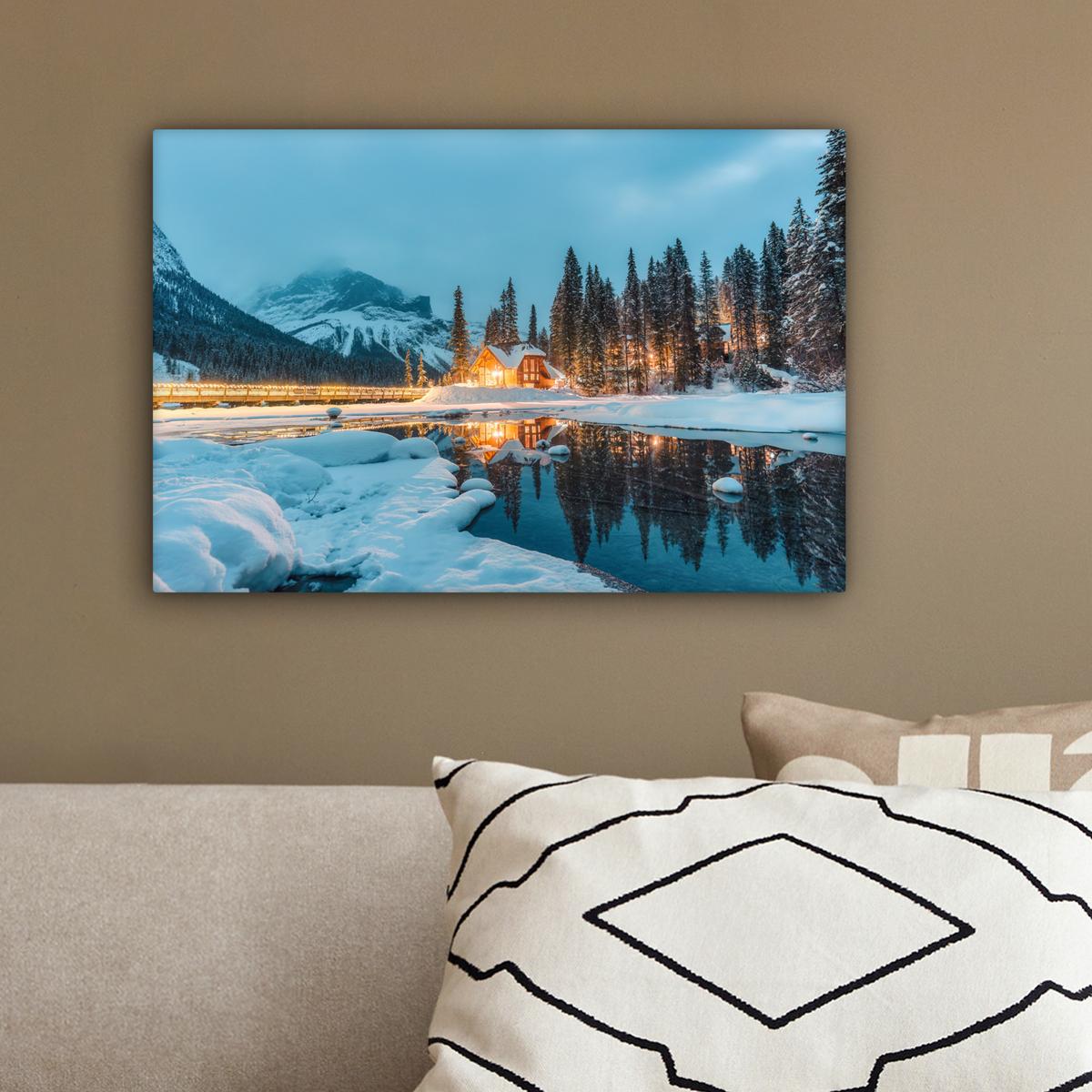 LEINWANDBILD Winterlandschaft - Natur - Haus - Berge - Schnee Deko Schlafzimmer 30x20 cm - Hellblau, Textil (30/20cm) - MuchoWow