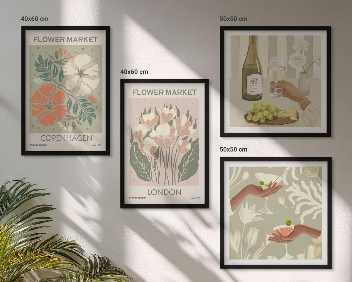 BILDER SET 4er Set - 50x50 cm & 40x60 cm Schwarzer Rahmen - Blumenposter Weinstadt - Schwarz, Kunststoff (50/50cm) - TULUP
