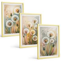 BILDER SET 3er Set - 40x60 cm Goldrahmen - Löwenzahnblüten, pastellfarbene Gräser - Goldfarben, Kunststoff (40/60cm) - TULUP